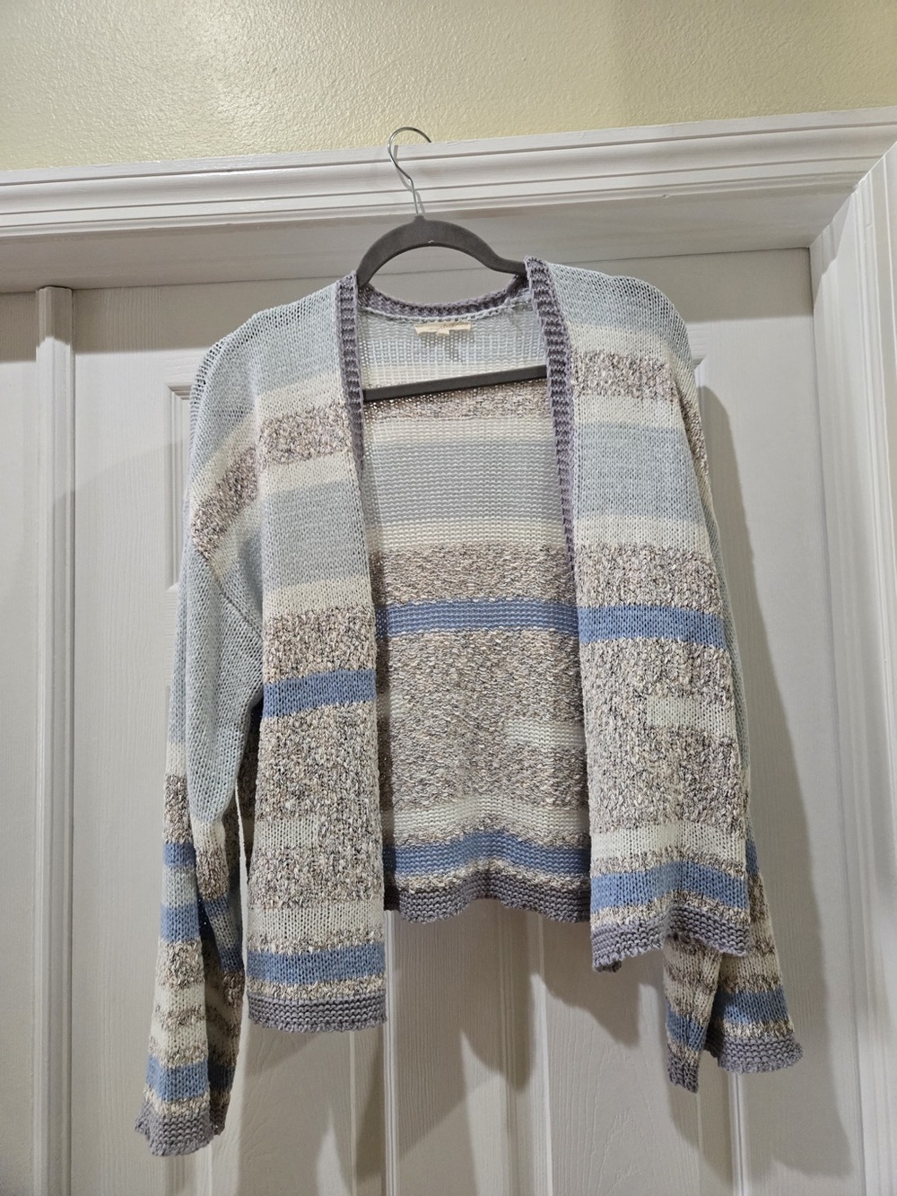 Mystree Striped Open-Front Cardigan in Light Blue, Cream, and Taupe